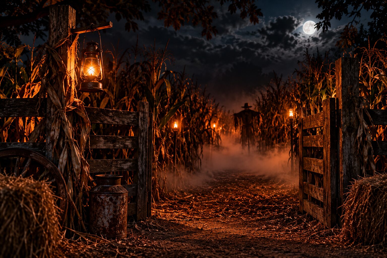 A moonlit, lantern-lit gate at the entrance to the haunted maze, with a scarecrow in the mist