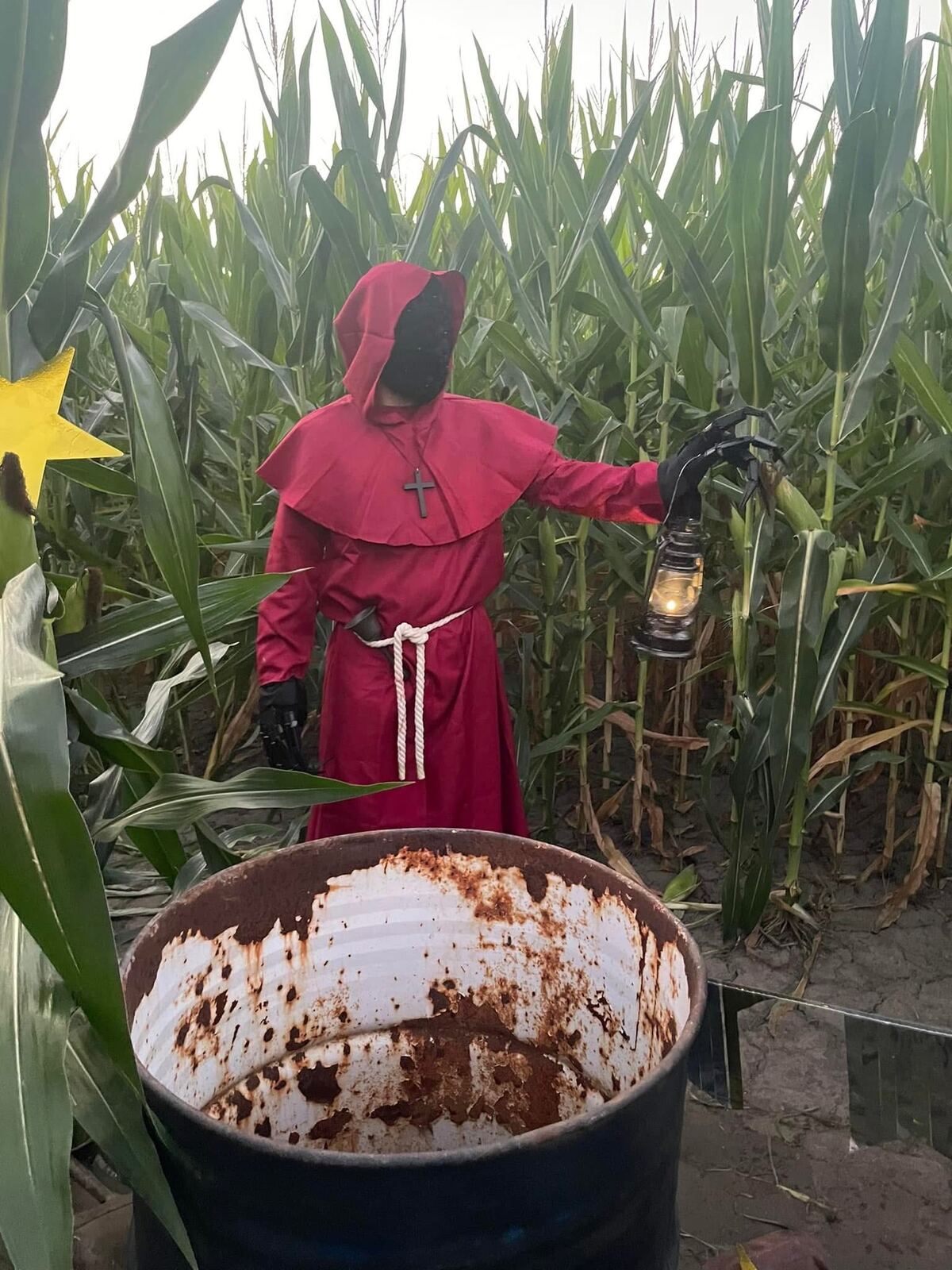 Hooded robed figure holding a lantern in the corn